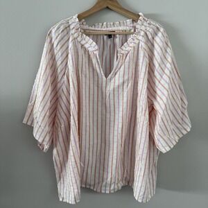 Talbots Size 3X Pink Striped Textured Ruffle Neck Blouse Short Sleeve Top Blouse